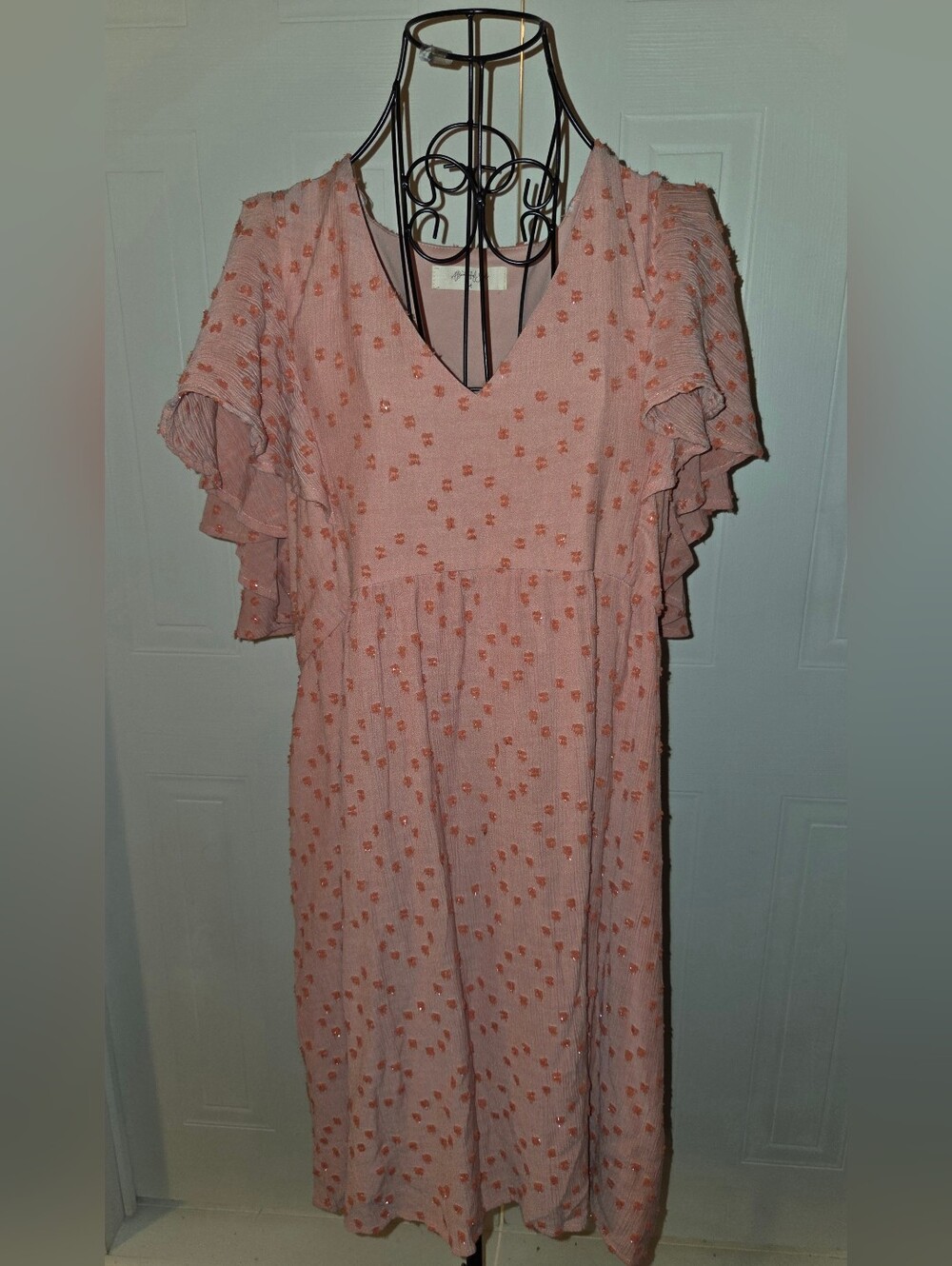 A Beautiful Soul Pink Swiss Dot Flutter Sleeve Midi Dress XL Boho Cottagecore